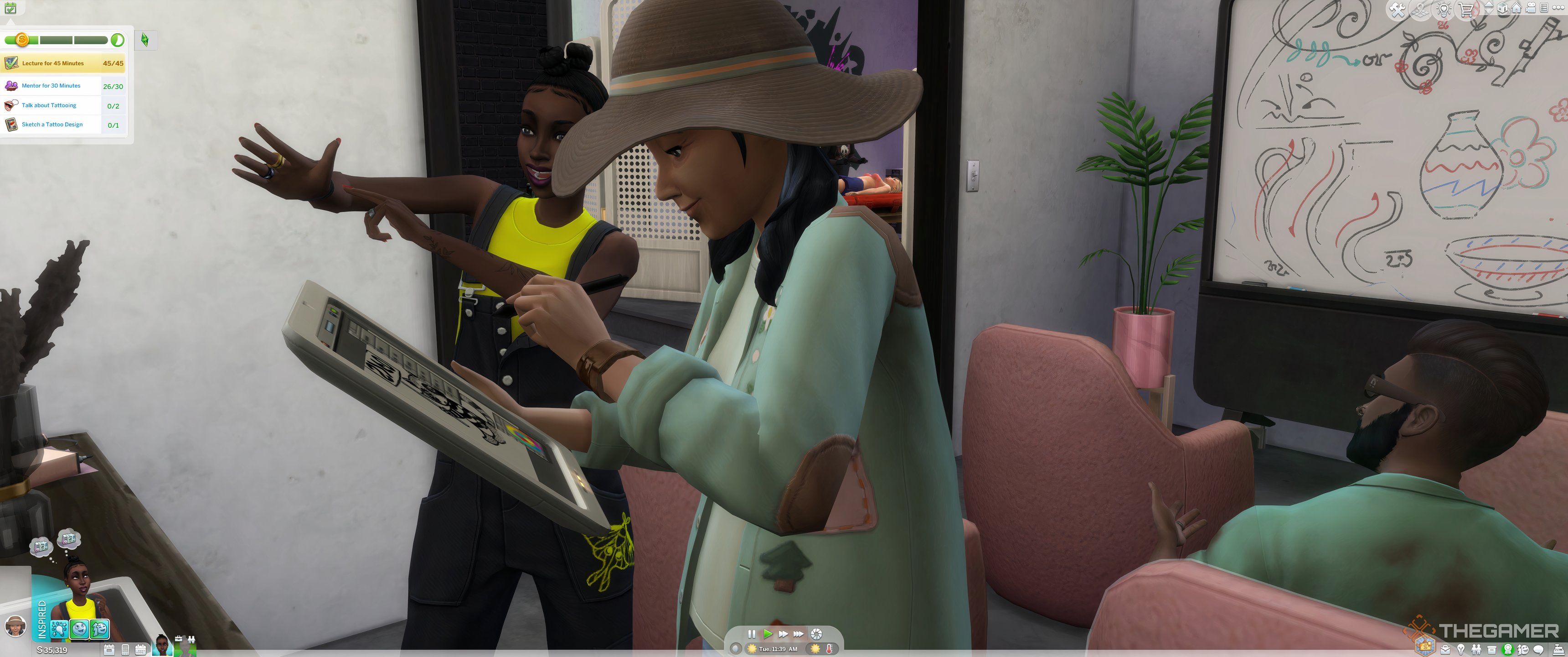 The Sims 4 Businesses and Hobbies close up of nia mentoring sketching