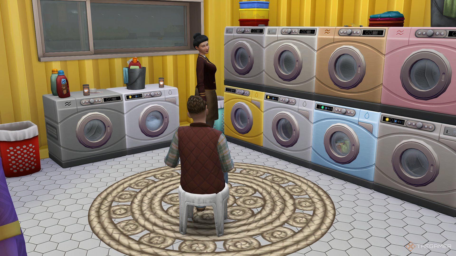 Mei Prescott and Thomas Watson, two Sims, talking to each other in a laundromat in The Sims 4.