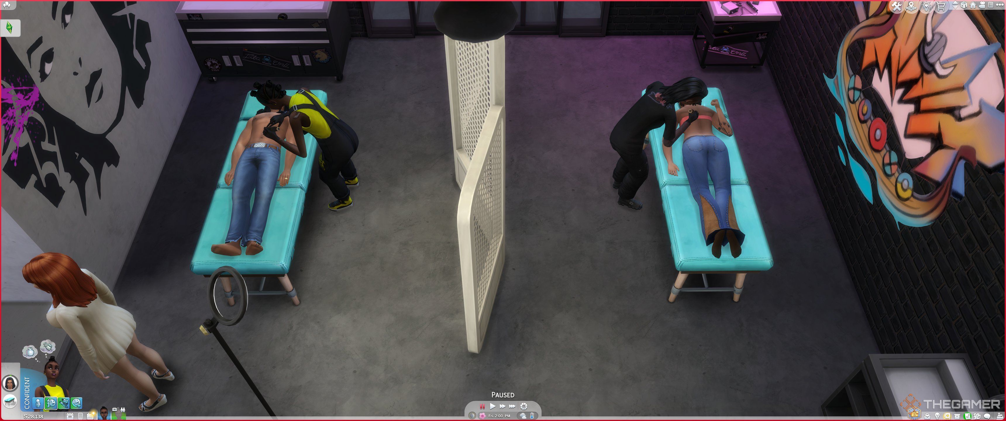 The Sims 4 Businesses and Hobbies shot from above of two sims being tattooed a male and a female