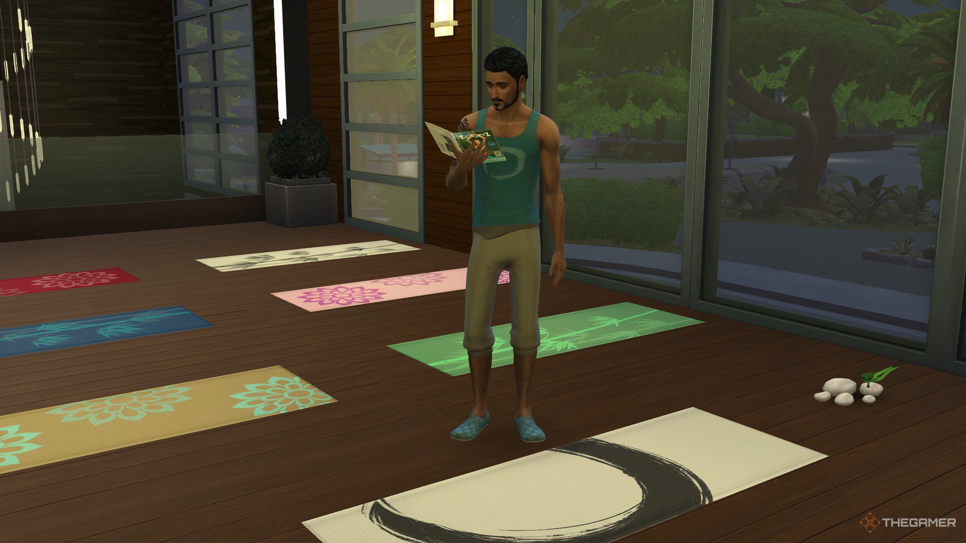 Don Lothario reading a book while being a yoga instructor in a spa.