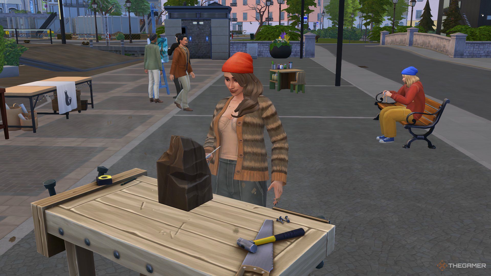 A Sim doing woodwork in Nordhaven at a hobby meetup in The Sims 4.