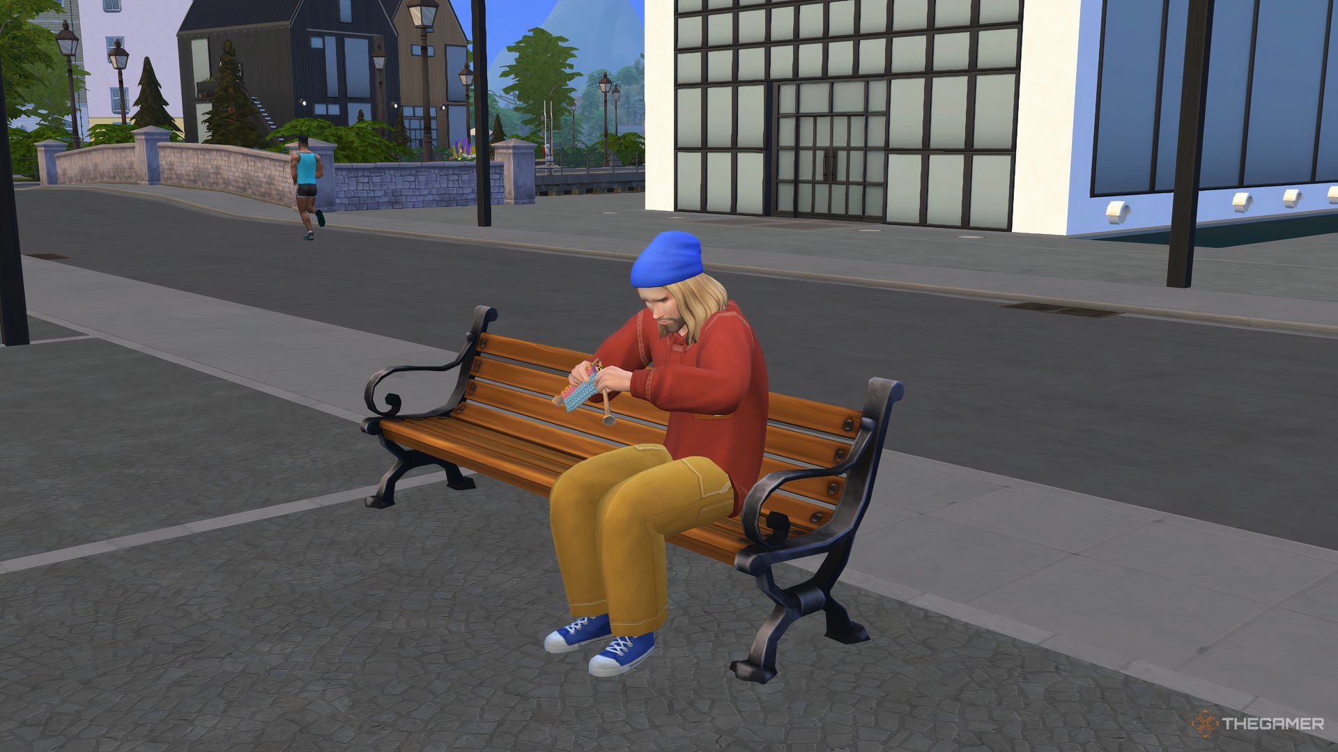 Kyle Kyleson knitting on a bench at a hobby meetup in Nordhaven in The Sims 4.