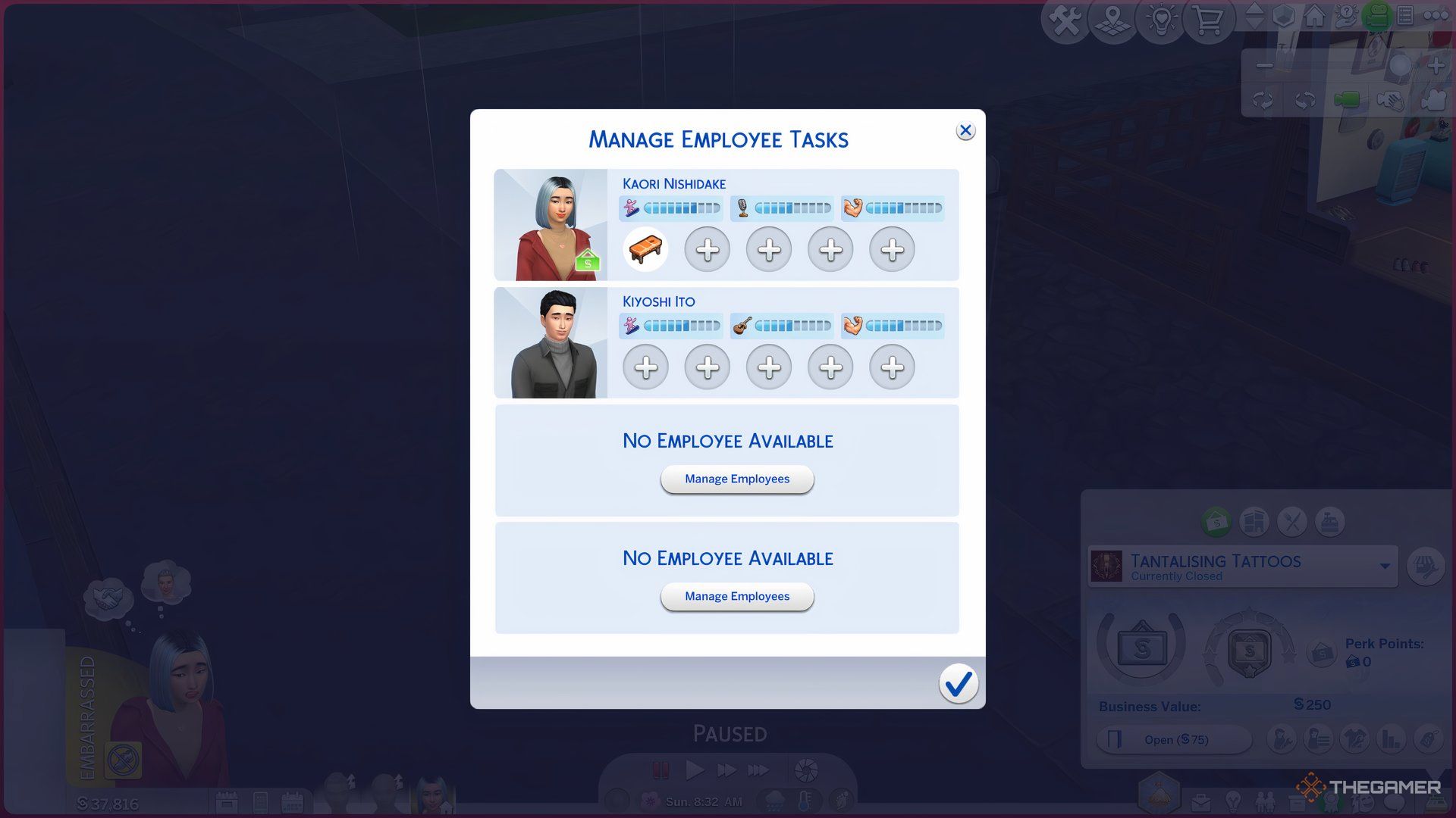 An overview of the Manage Employees menu in The Sims 4: Businesses and Hobbies with Kiyoshi Ito and Kaori Nishidake.