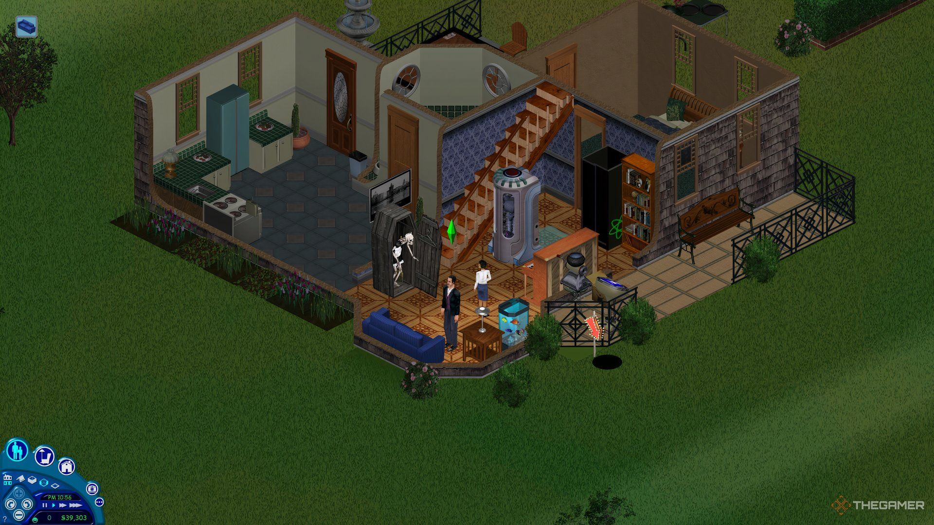 Bonehilda in The Sims 1 leaving the skeleton closet in the Goth home.