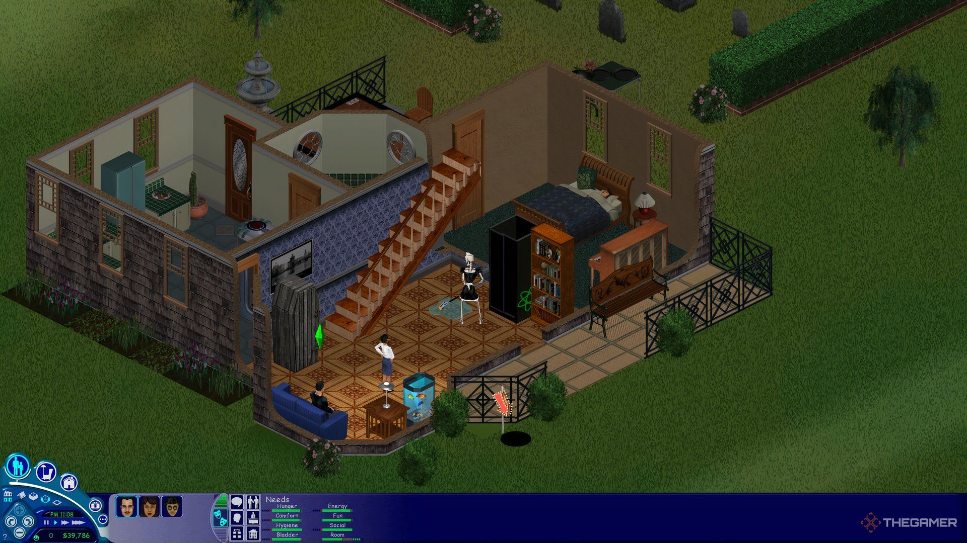 Bonehilda in The Sims 1 mopping puddles in the Goth manor in front of Mortimer.