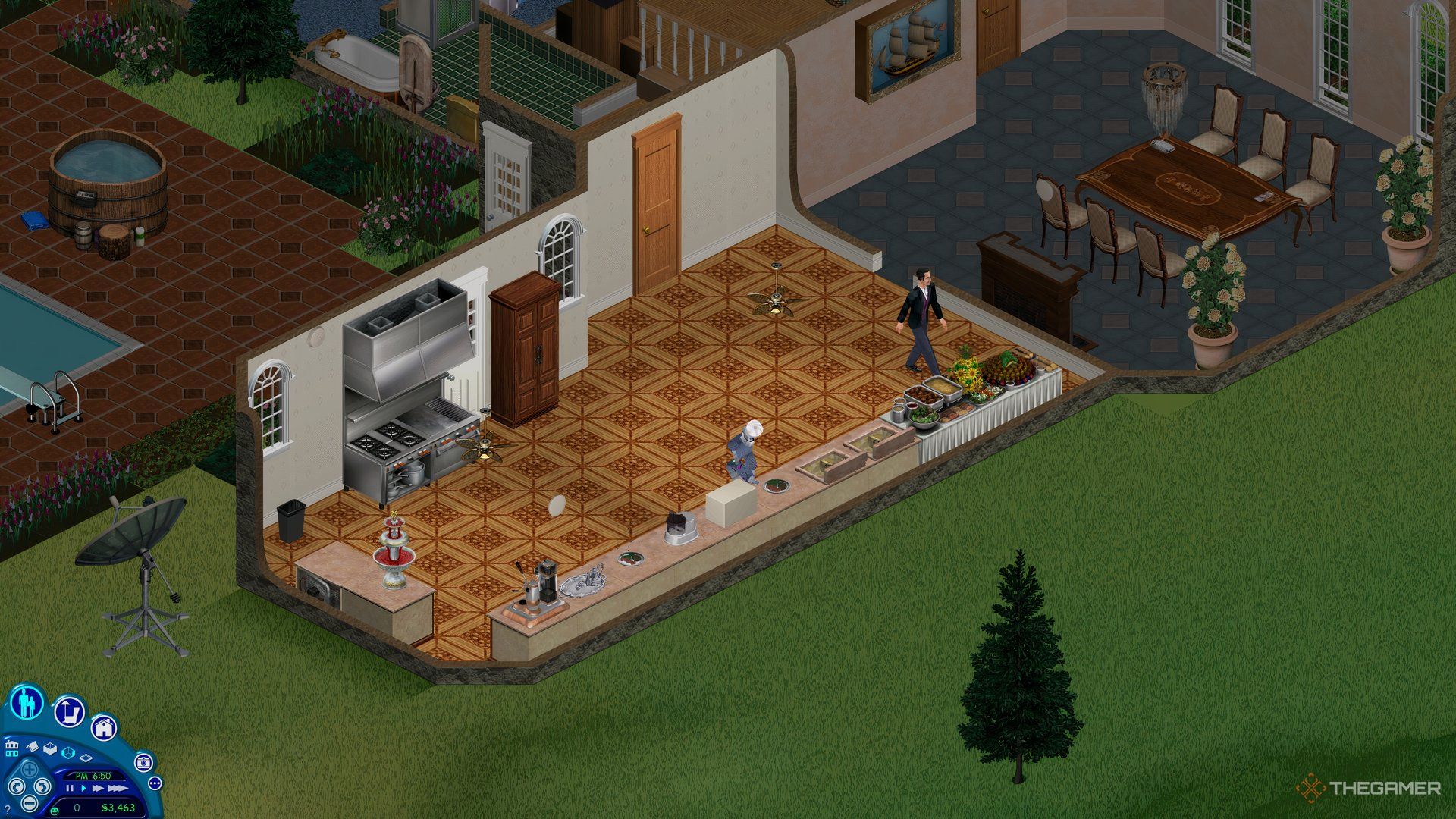 Servo in The Sims 1 serving food next to Mortimer Goth in a large kitchen.