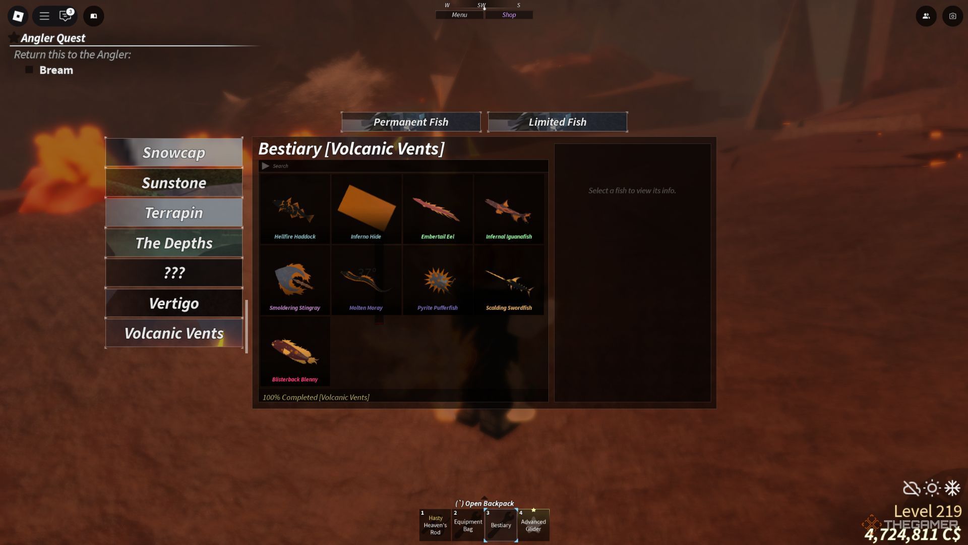 The player character shows a fully completed Volcanic Vents bestiary in Fisch.