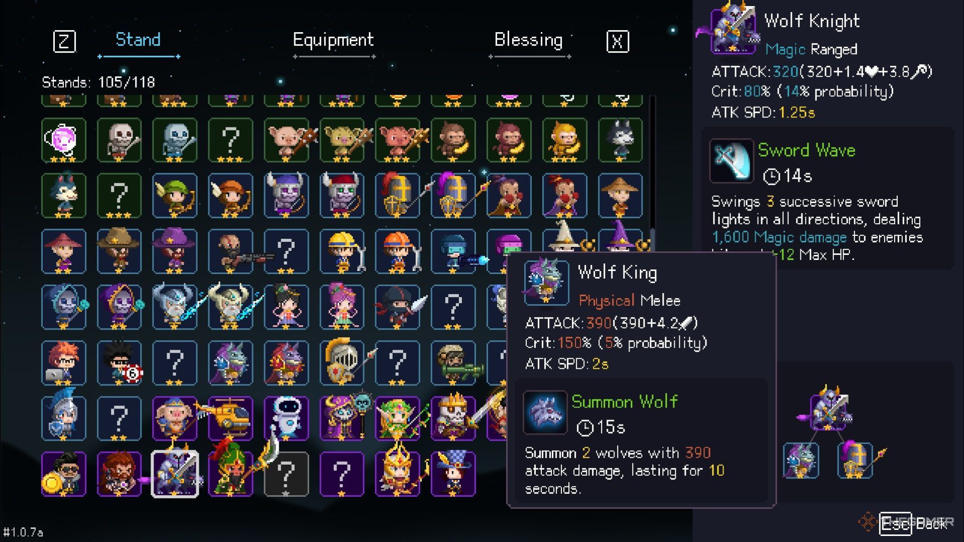The glossary shows the evolution path from the melee wolf king and the magical wolf knight in I Am Legion: Stand Survivors. 