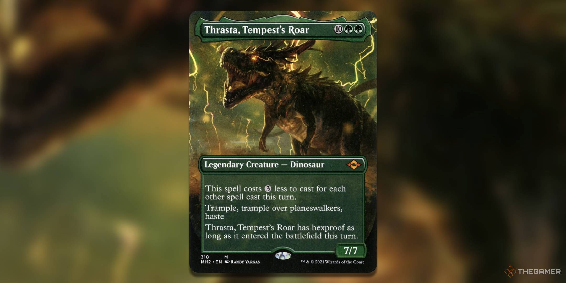 The borderless version of the Thrasta, Tempest's Roar card, from Modern Horizons 2.