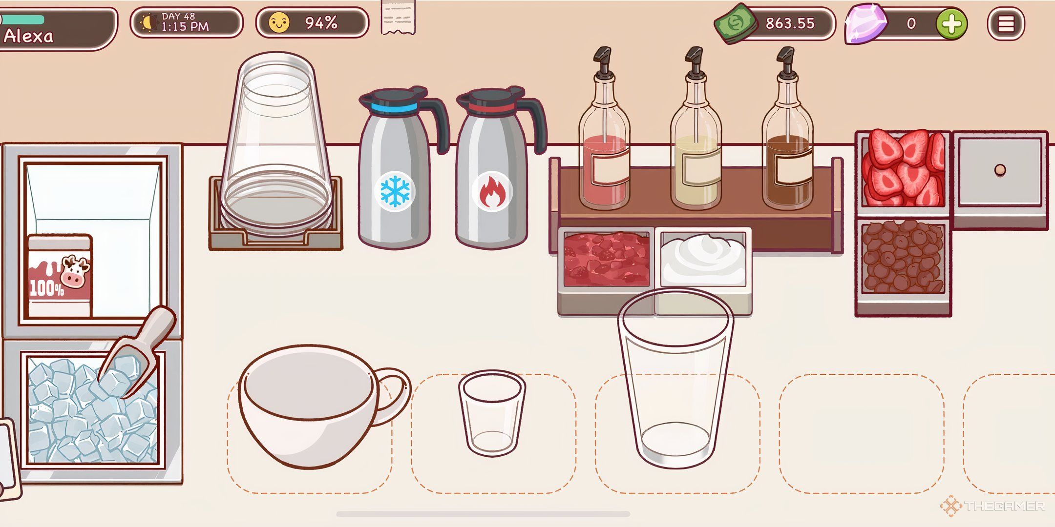 From left to right, a coffee mug, an espresso shot, and a tall disposable cup from the game Good Coffee, Great Coffee.