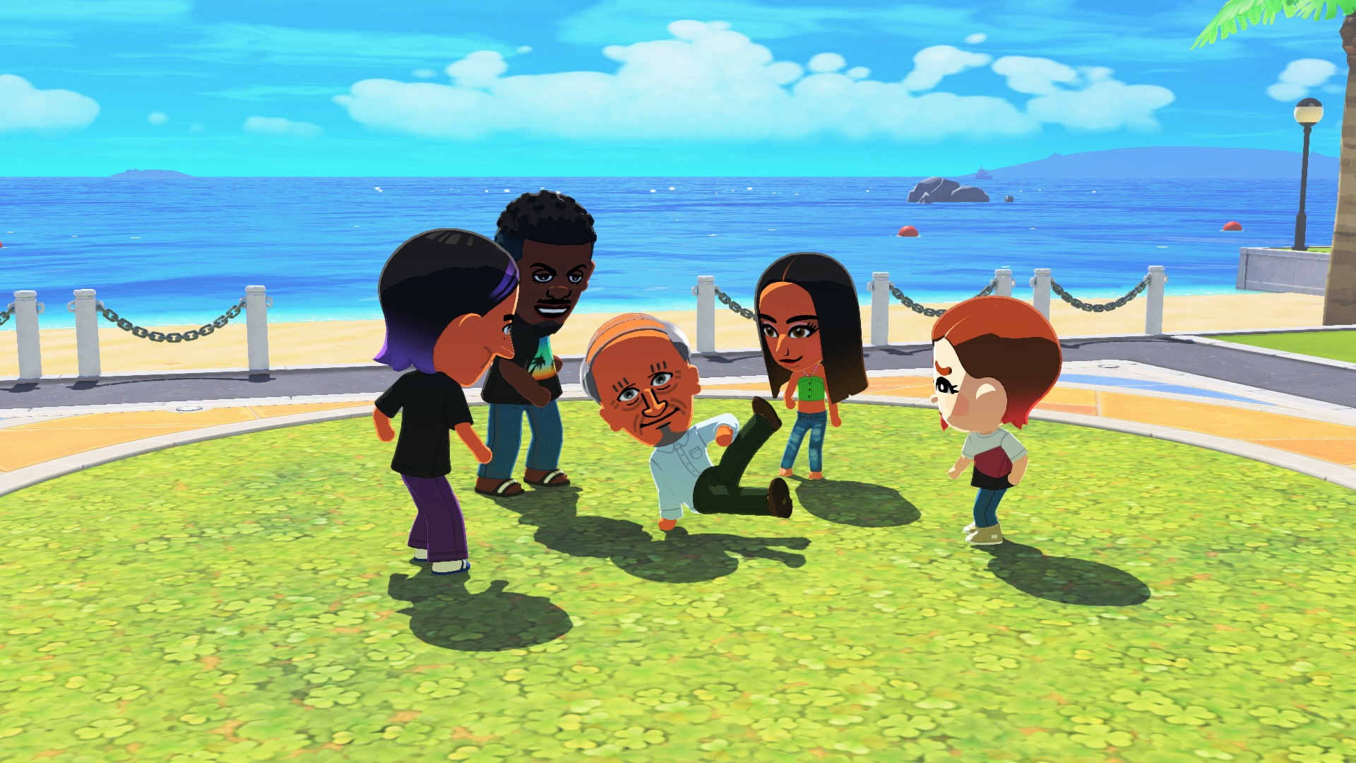 A bunch of miis walk an old man breakdance in Tomodachi Life: Living The Dream. 