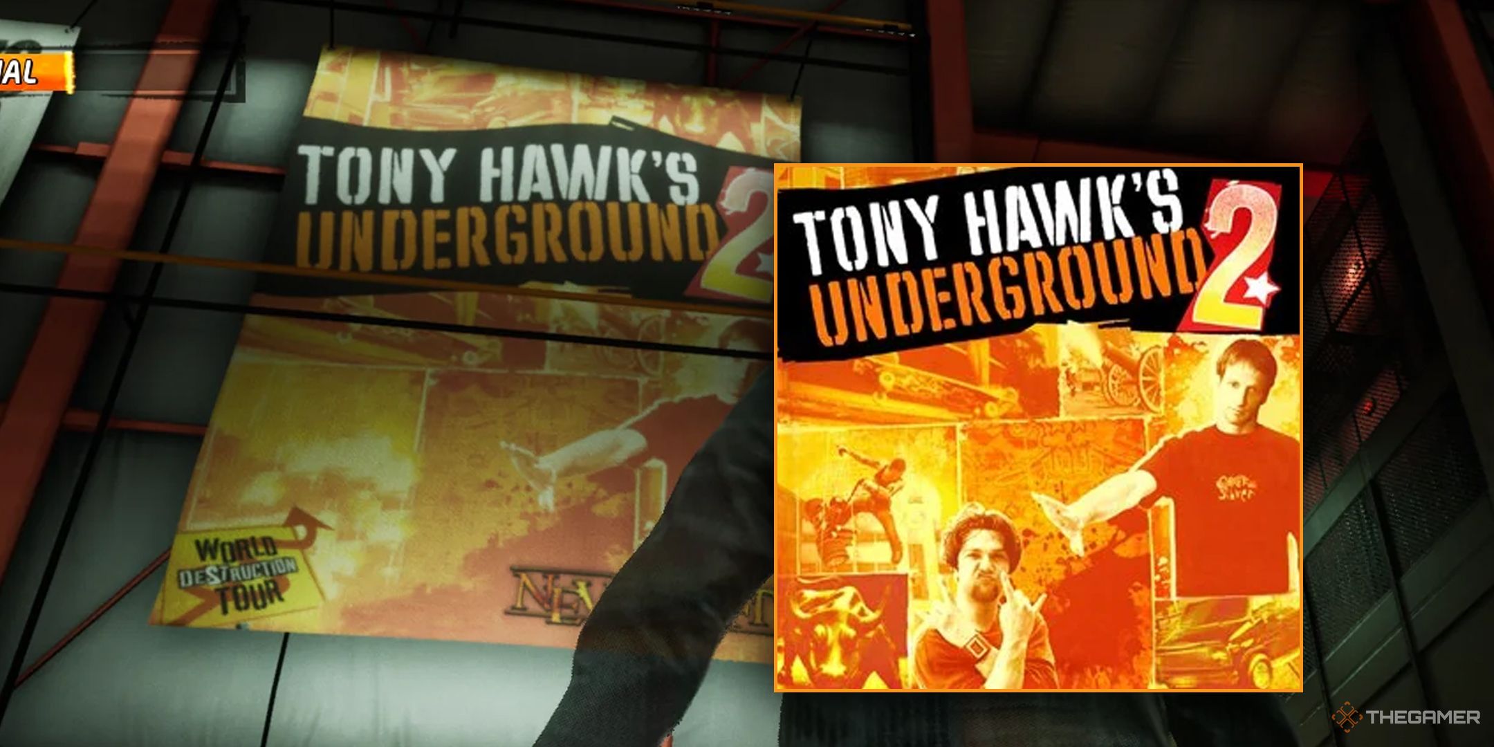 Tony Hawks Underground 2 poster original side-by-side with the version in Pro Skater 1 + 2 remake, in which Bam has been scrubbed out.