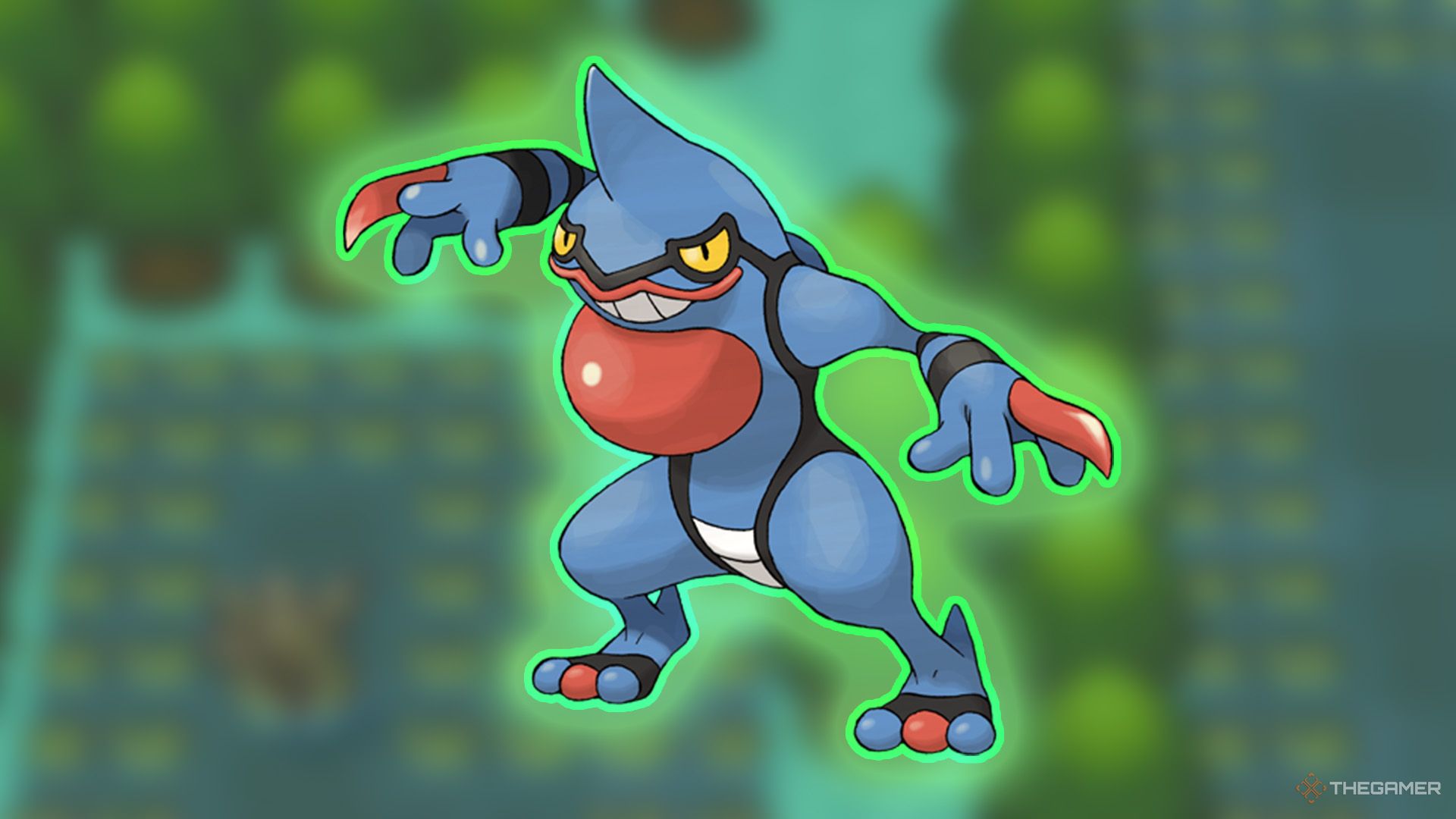Toxicroak's image is displayed in front of a blurry Great Marsh background in Pokemon