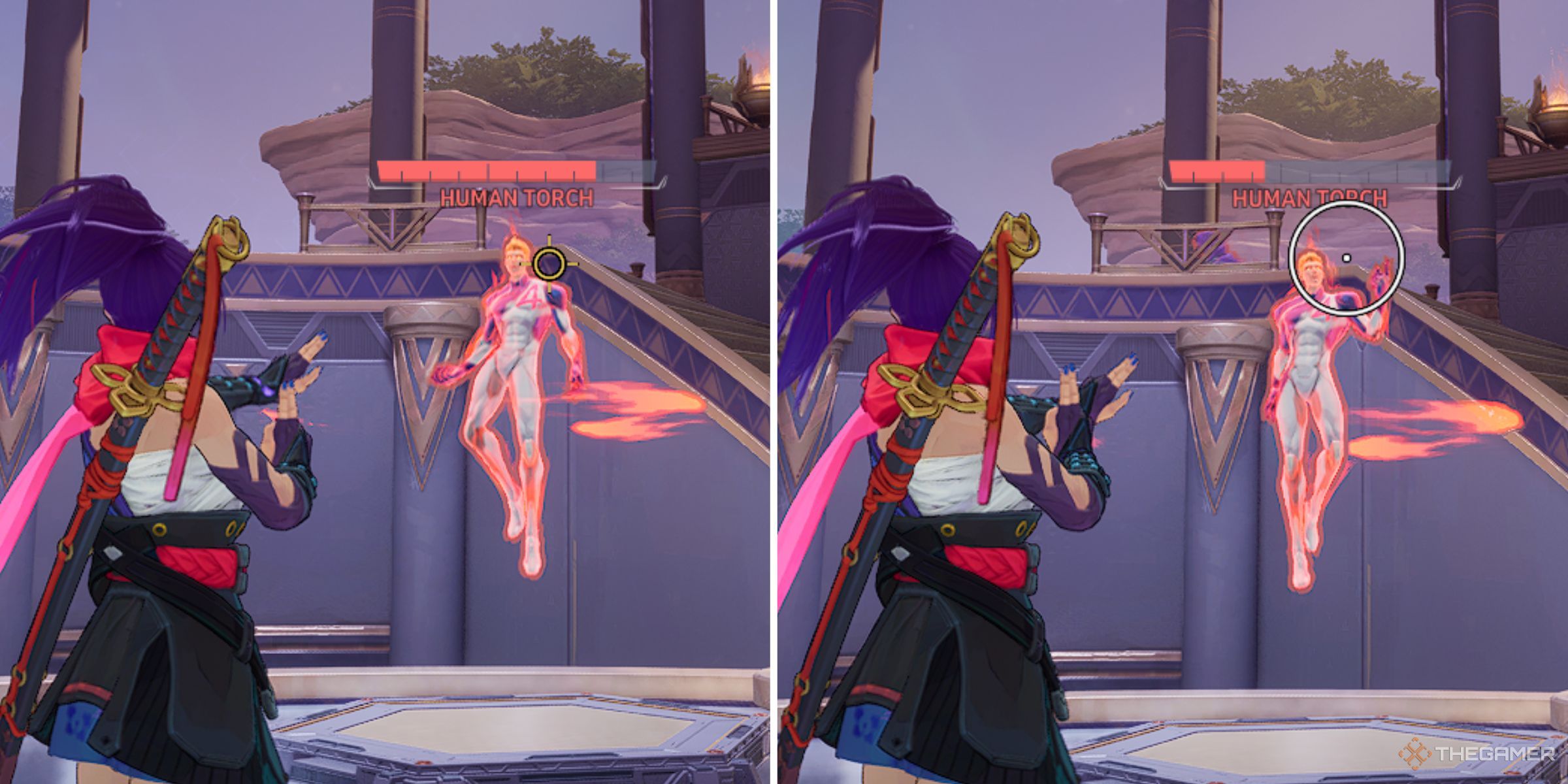 Two Images Of Psylock With Different Reticles Aiming At The Human Torch In The Practice Range In Marvel Rivals.