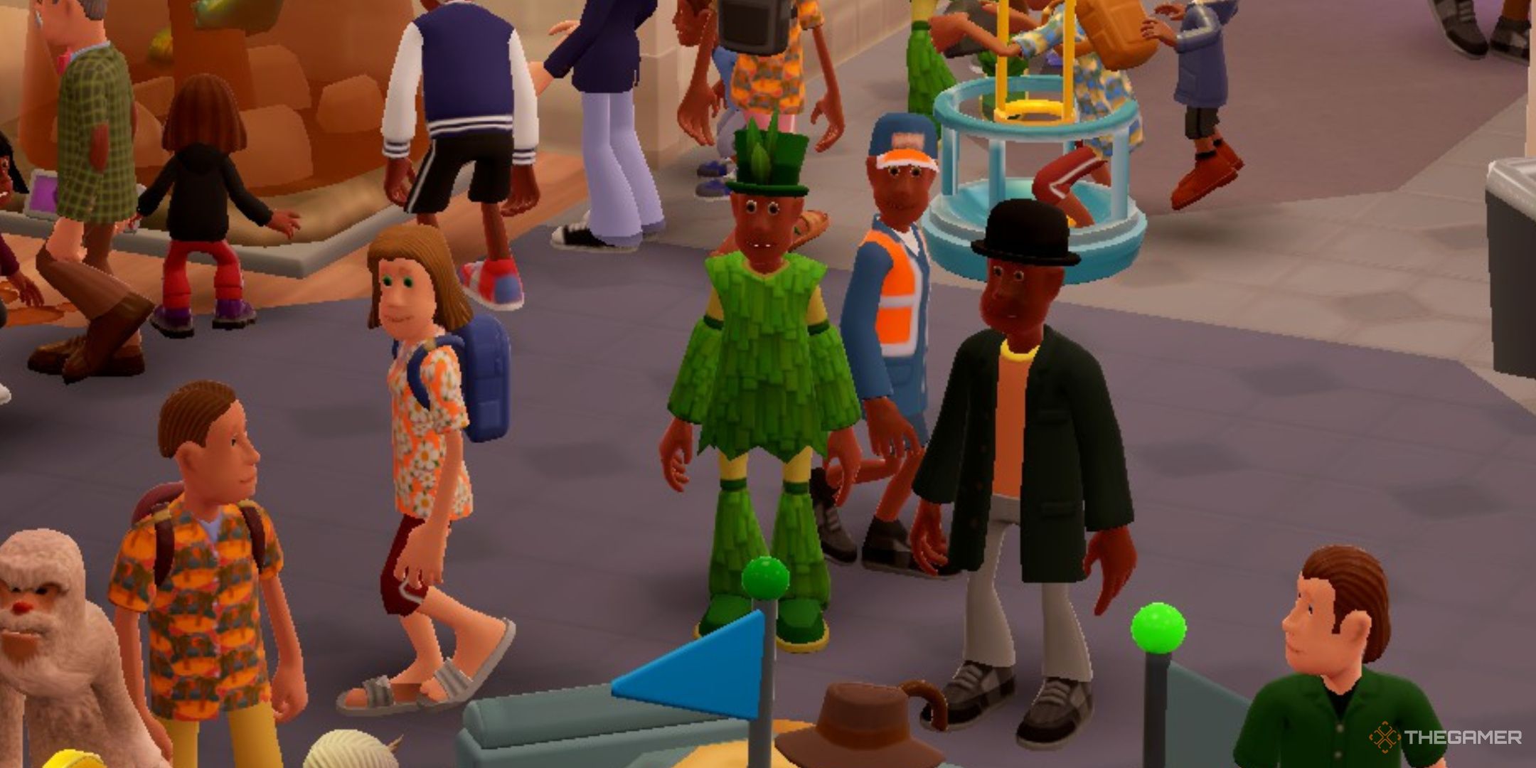 Two Point Museum, a Bottany Enthusiast standing in front of a tour machine, surrounded by a janitor, tourists, and a normal guest.