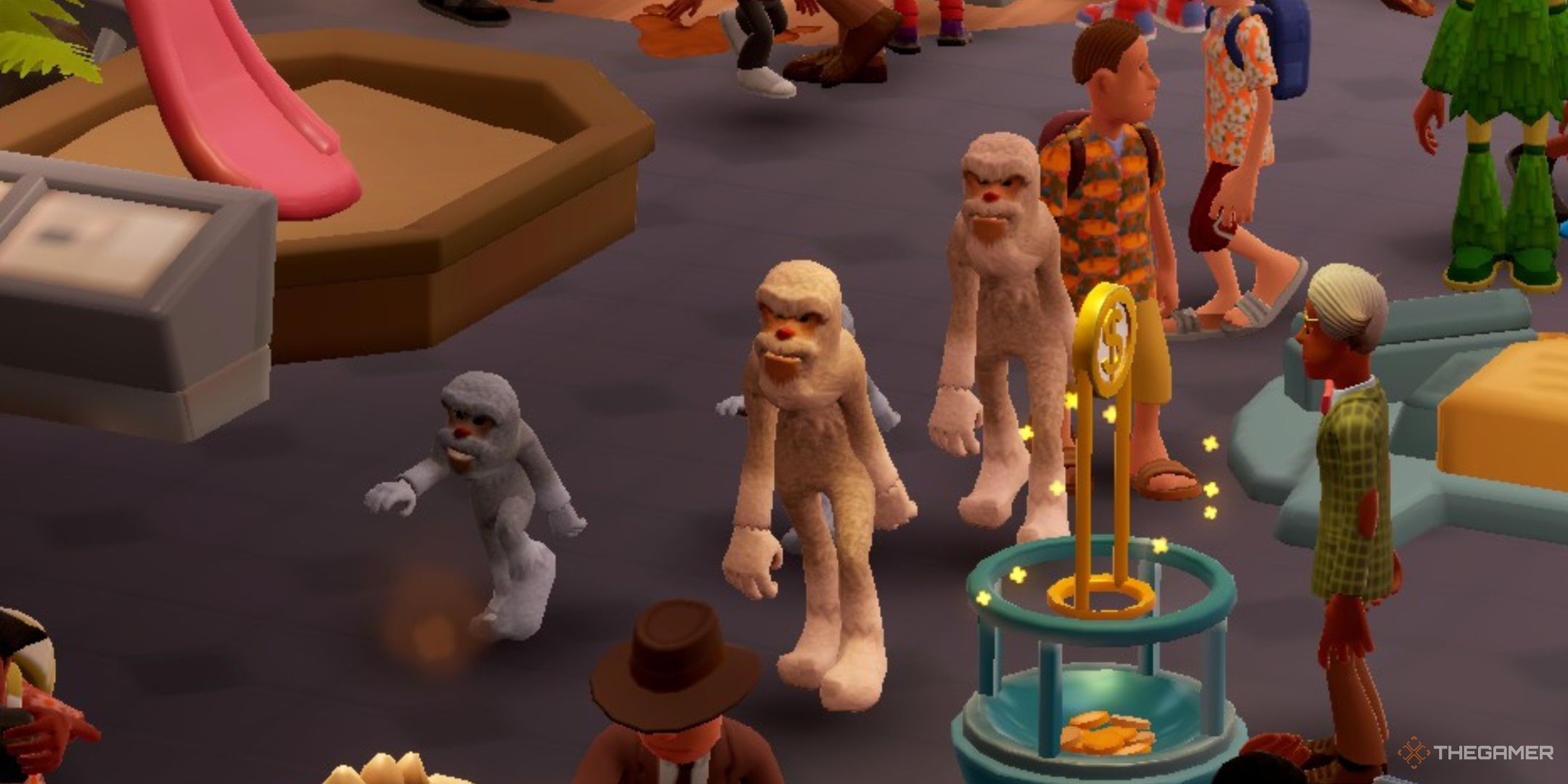 Two Point Museum, a group of yeti's tromping through the Prehistory Museum while surrounded by tourists and a professor, next to a donation bin.