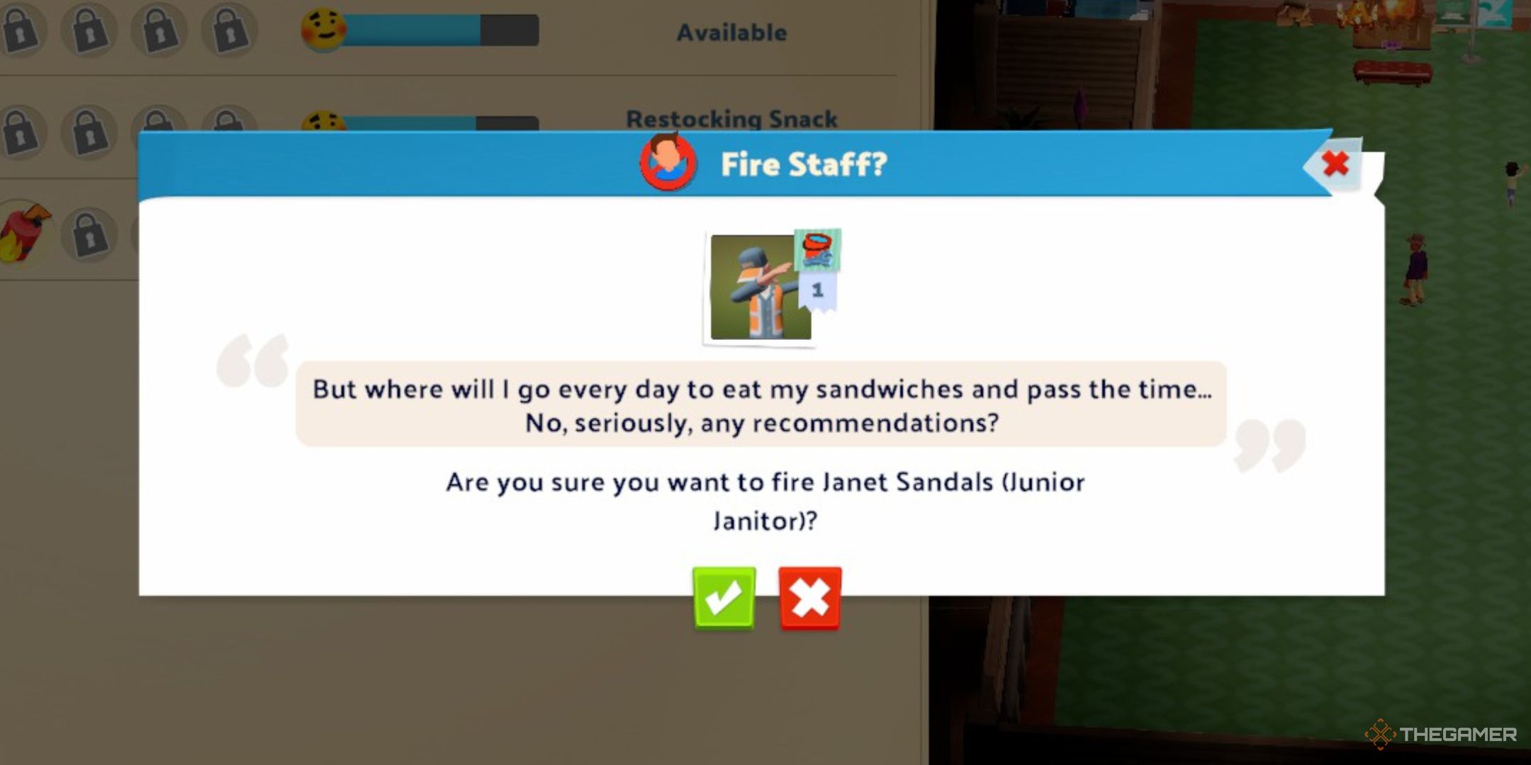 Two Point Museum, a janitor trying to argue that he shouldn't be fired in a popup screen.