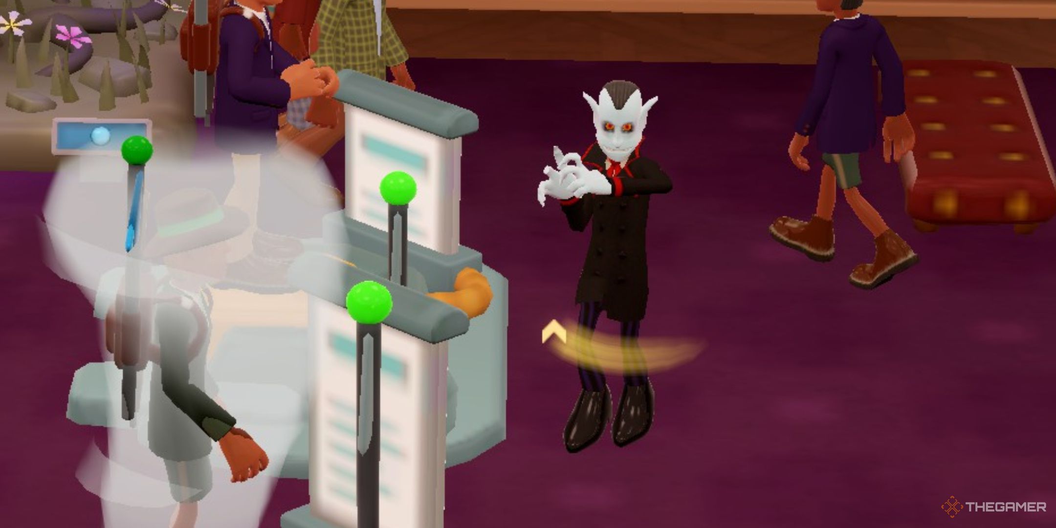 Two Point Museum, a Vampire guest gaining Buzz while standing next to an Info Stand