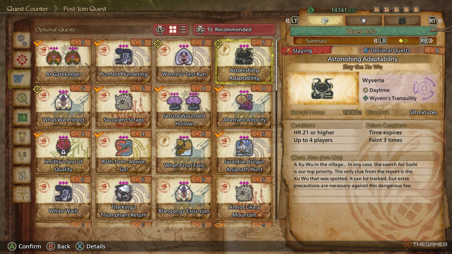 The image shows the Astonishing Adaptability optional quest in Monster Hunter Wilds.