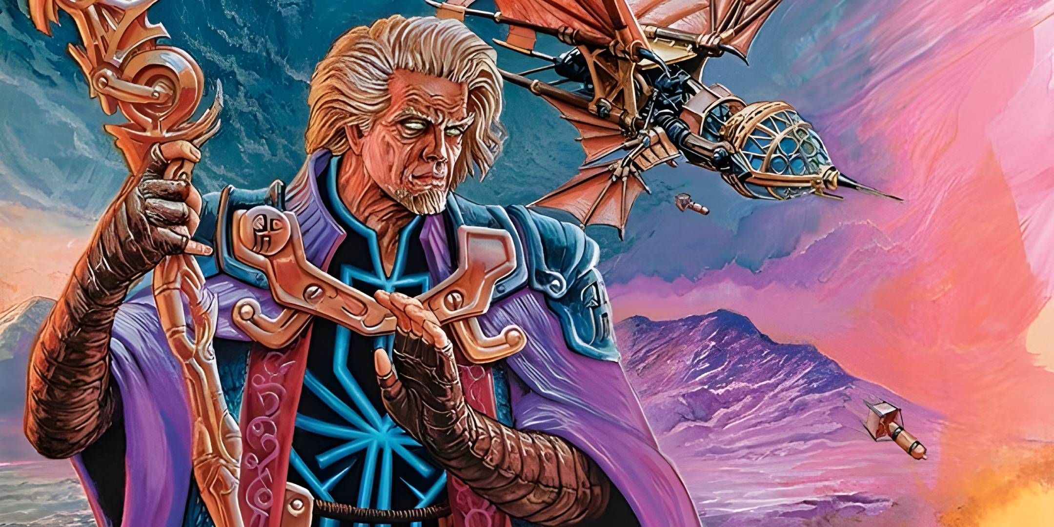 Urza, Highlord Artificer, oversees an ornithopter bombing a Phyrexian invasion force.