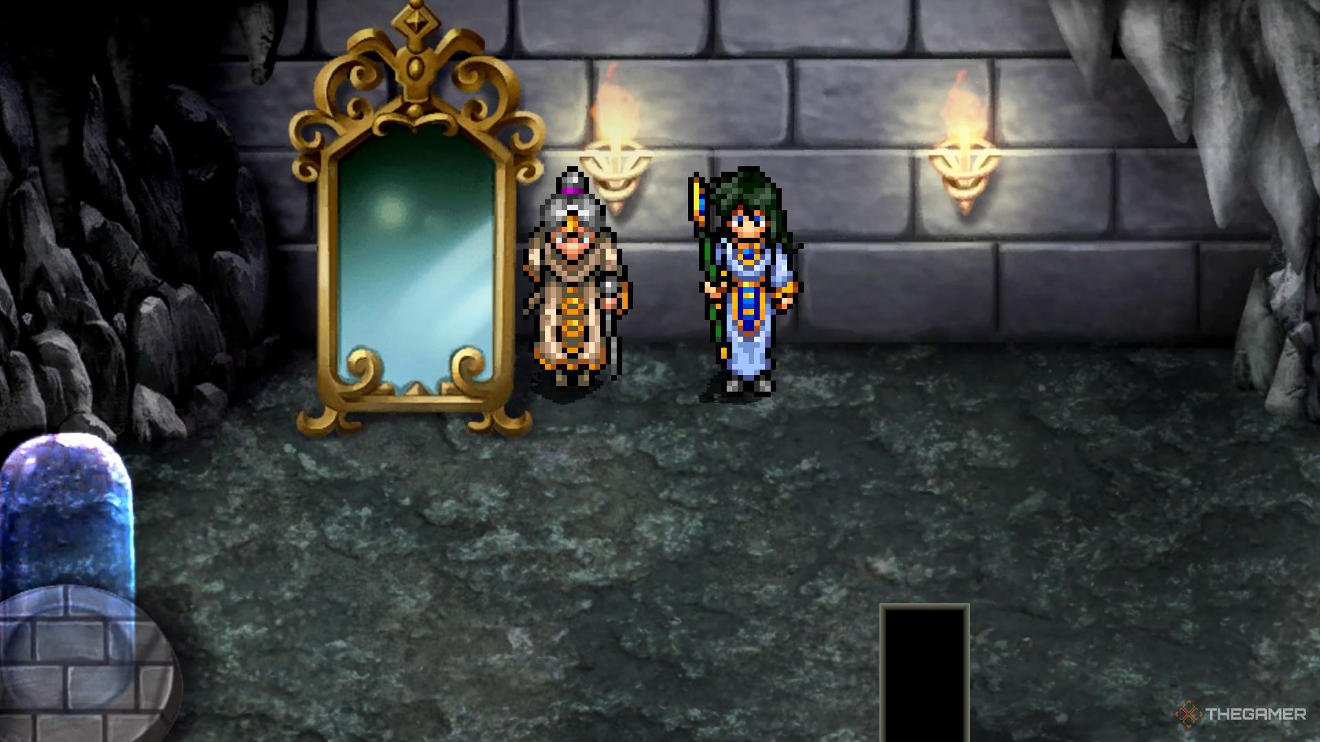 Viki and Hellion in the basement of Toran Castle in the Suikoden 1 HD Remaster.