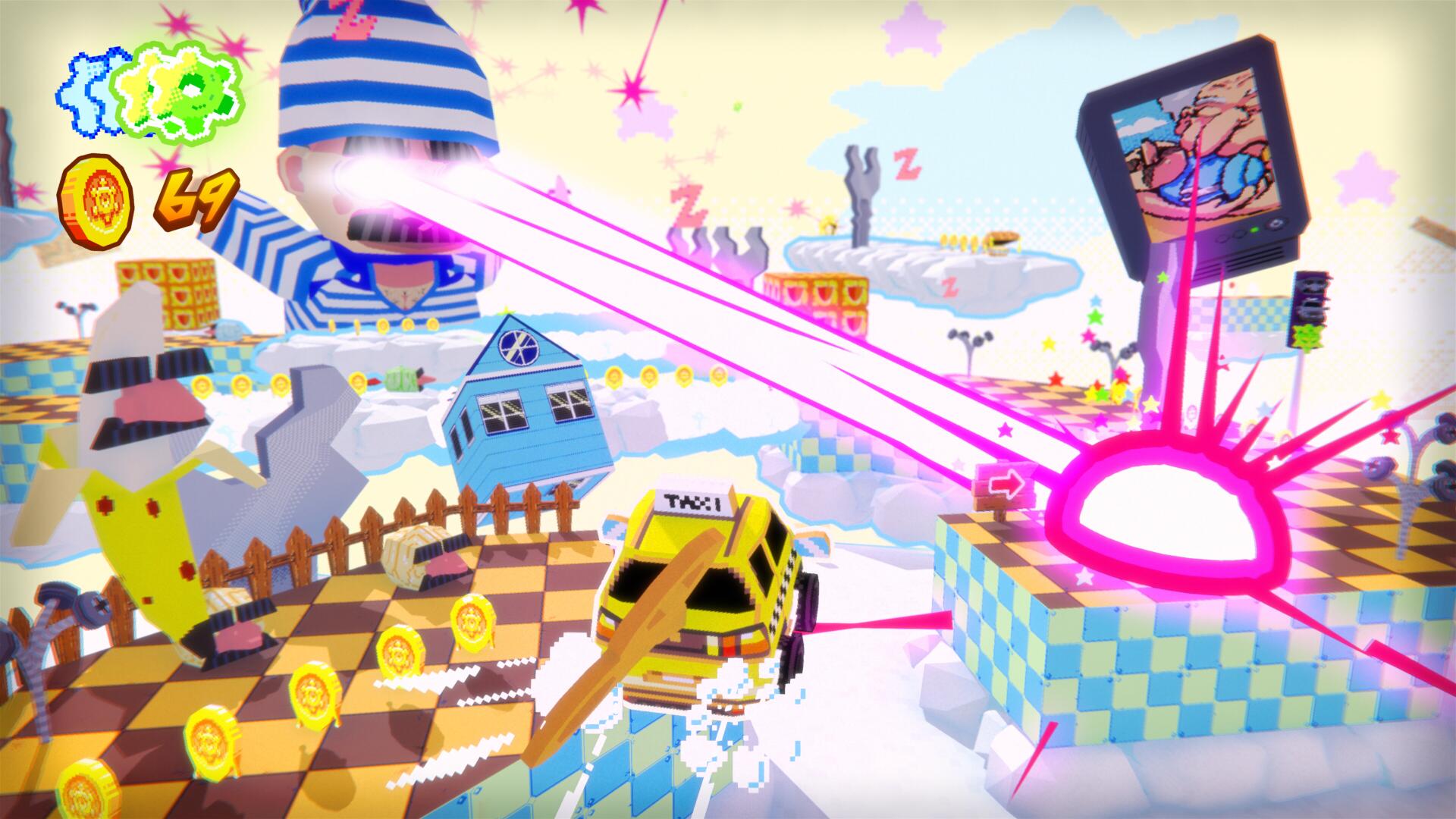 A giant version of Morio in a sleeping cap in Yellow Taxi Goes Vroom blasts lasers towards you