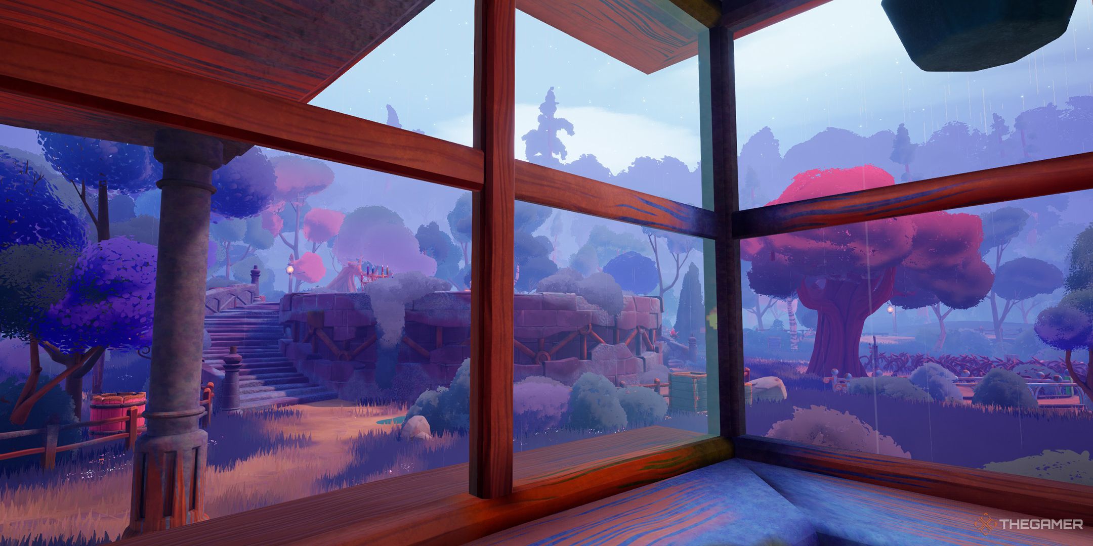 The view from the window by the couches in Wanderstop.