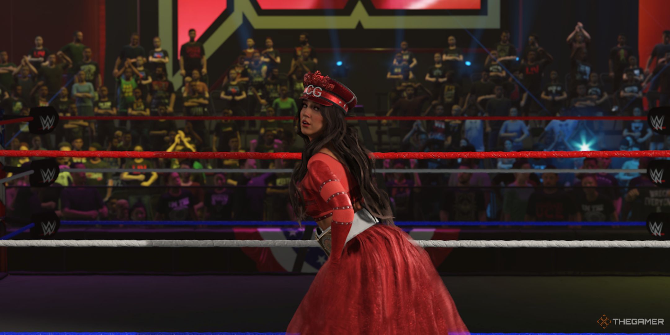 WWE 2K25 screenshot of Chelsea Green at the ropes about to enter the ring.