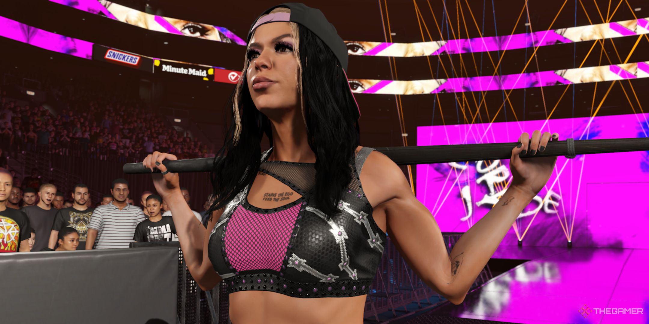 WWE 2K25 screenshot of Cora Jade, holding a kendo stick behind her back while making her entrance.