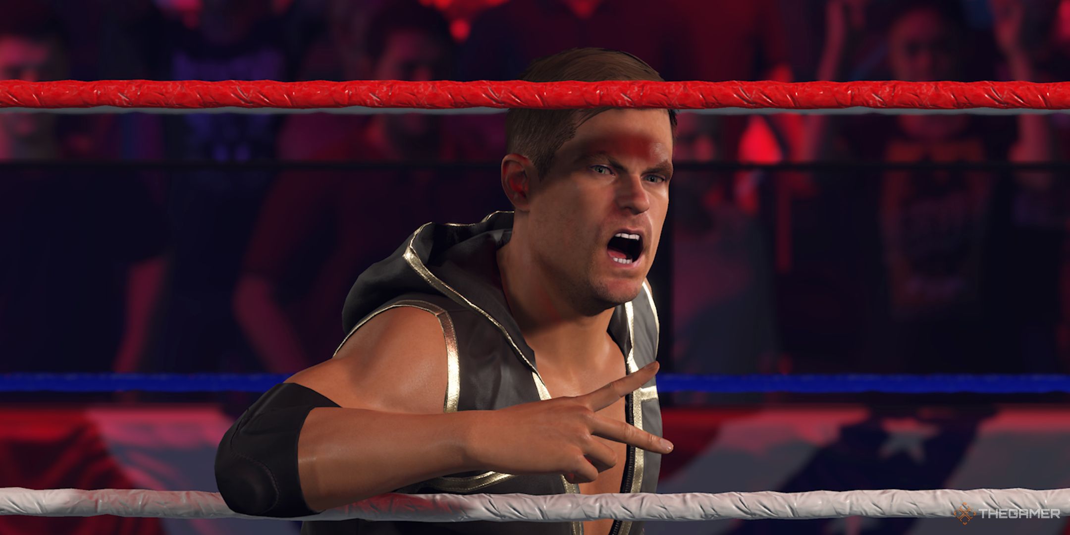 WWE 2K25 screenshot of Grayson Waller with his mouth open as he's entering the ring.