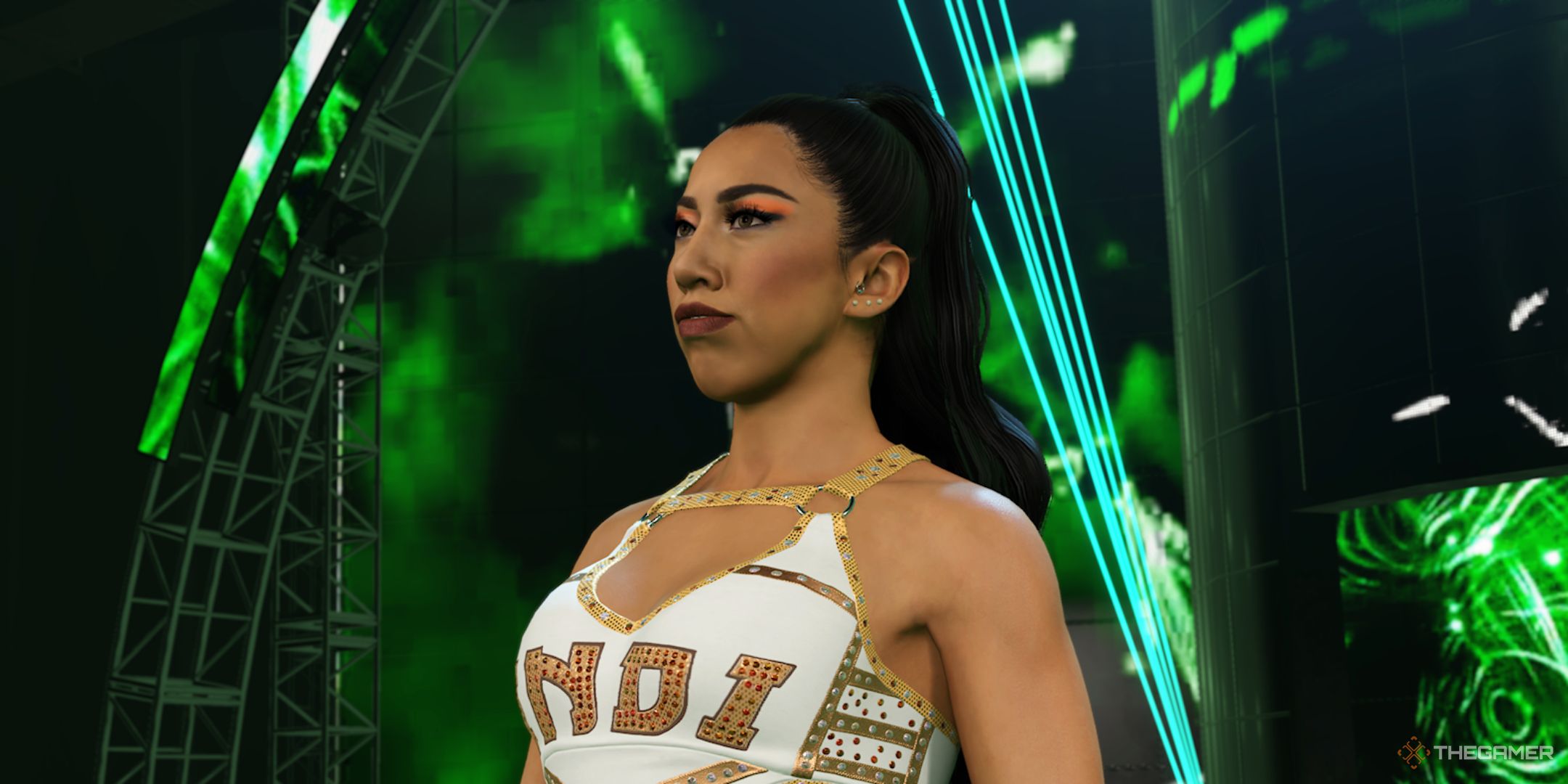 WWE 2K25 screenshot of Indi Hartwell walking down the ramp.