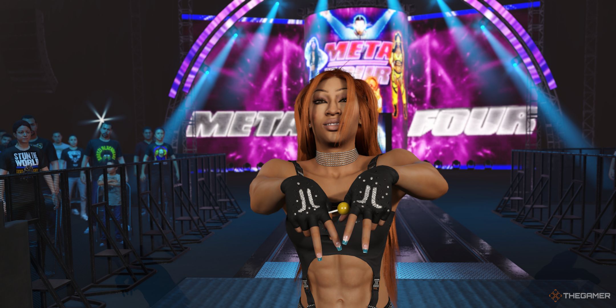 WWE 2K25 screenshot of Jakara Jackson doing the Meta Four hand signal.