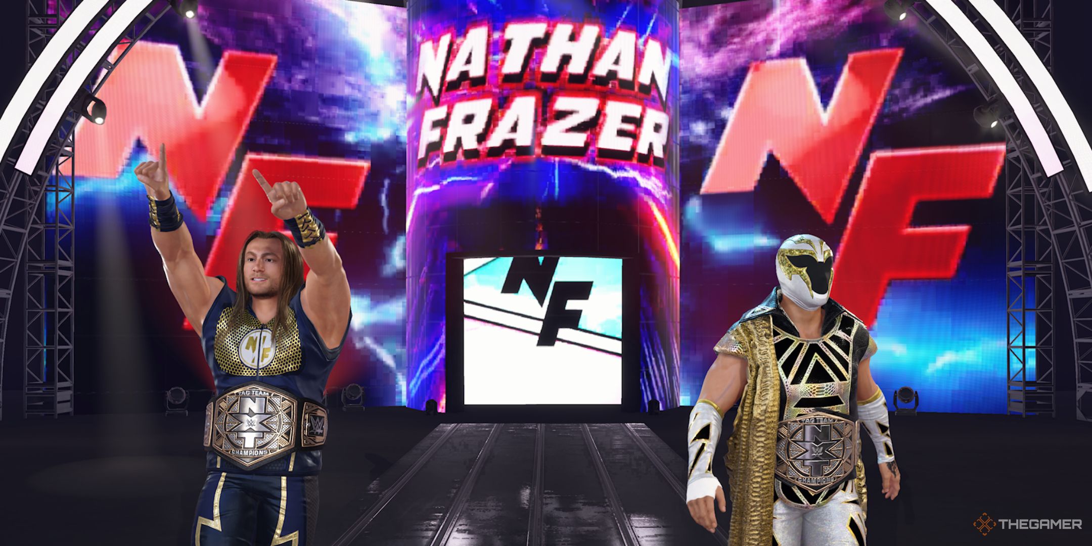 WWE 2K25 screenshot of Nathan Frazer and Axiom making their entrance.