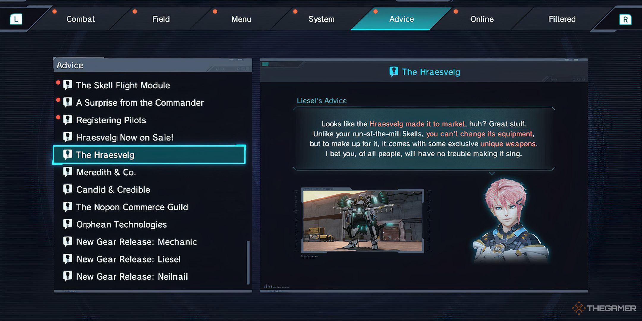 A screenshot of Liesel talking about her Hraesvelg Skell in Xenoblade Chronicles X: Definitive Edition.