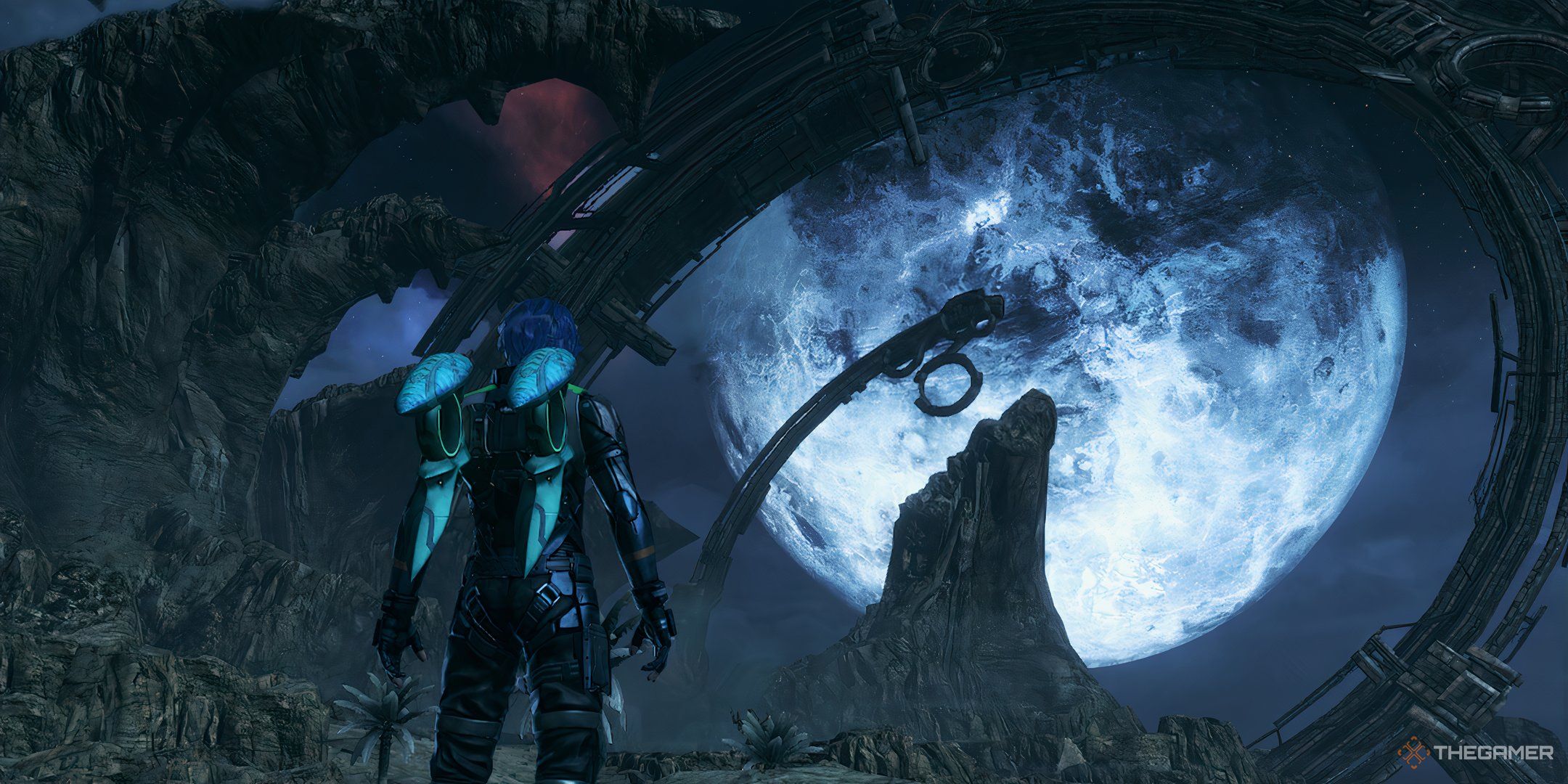 A screenshot of the player character looking at the giant ring ruins in Oblivia in Xenoblade Chronicles X: Definitive Edition.