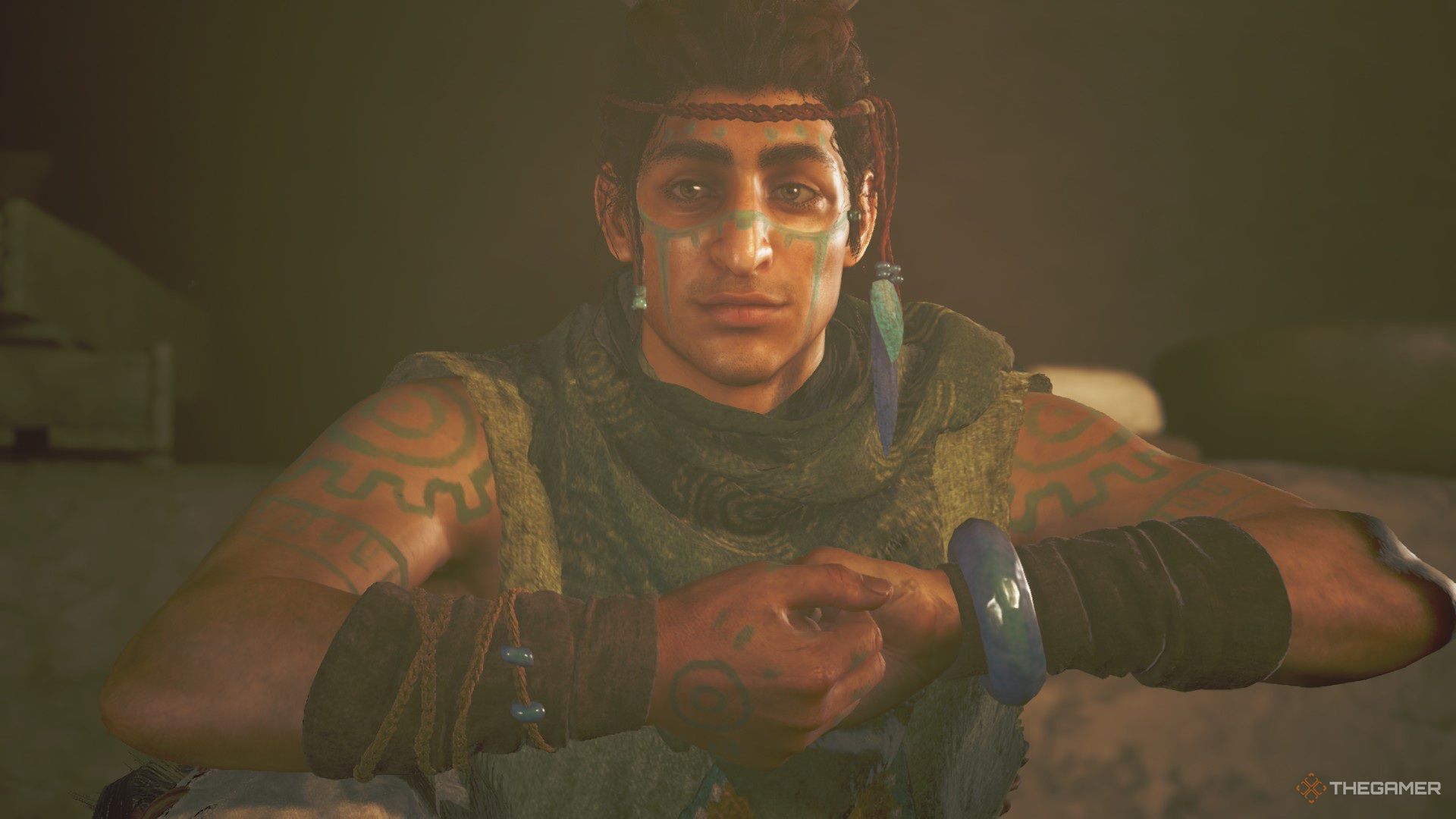 Y'sai with his hands clasped in Monster Hunter Wilds.