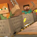 Minecraft characters Alex and Steve riding in mine carts in Super Smash Bros. Ultimate, being chased by Bowser Jr..