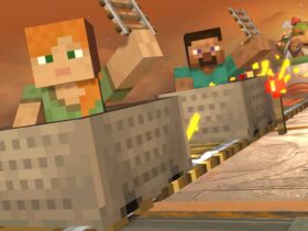 Minecraft characters Alex and Steve riding in mine carts in Super Smash Bros. Ultimate, being chased by Bowser Jr..
