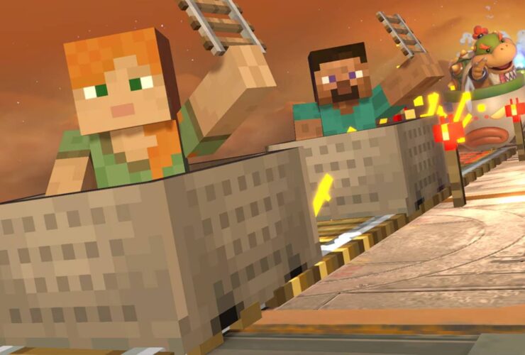 Minecraft characters Alex and Steve riding in mine carts in Super Smash Bros. Ultimate, being chased by Bowser Jr..