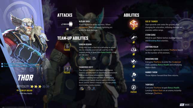 A screenshot shows Thor's various abilities.