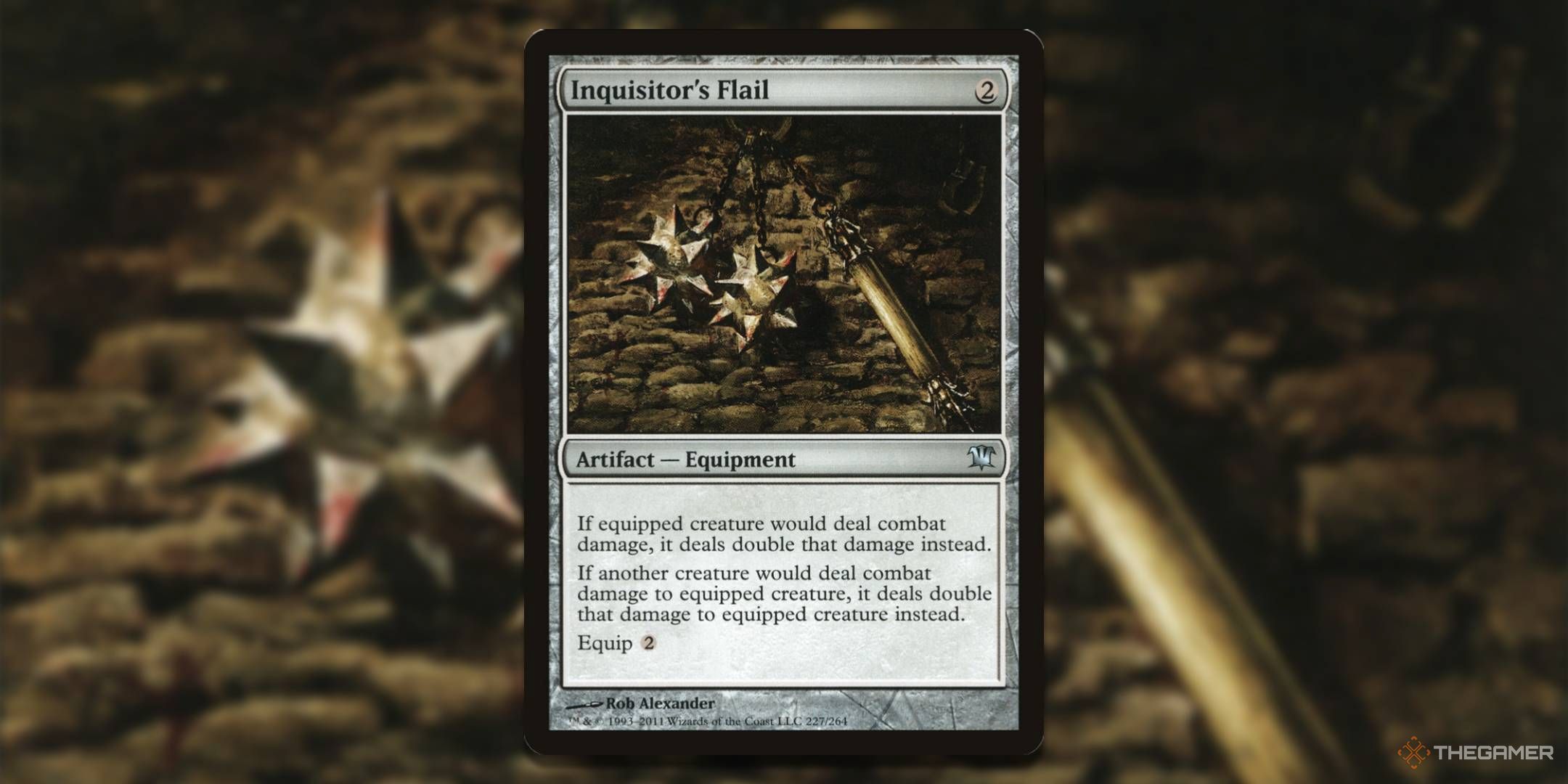 MTG Inquisitor's Flail card with the art in the background.