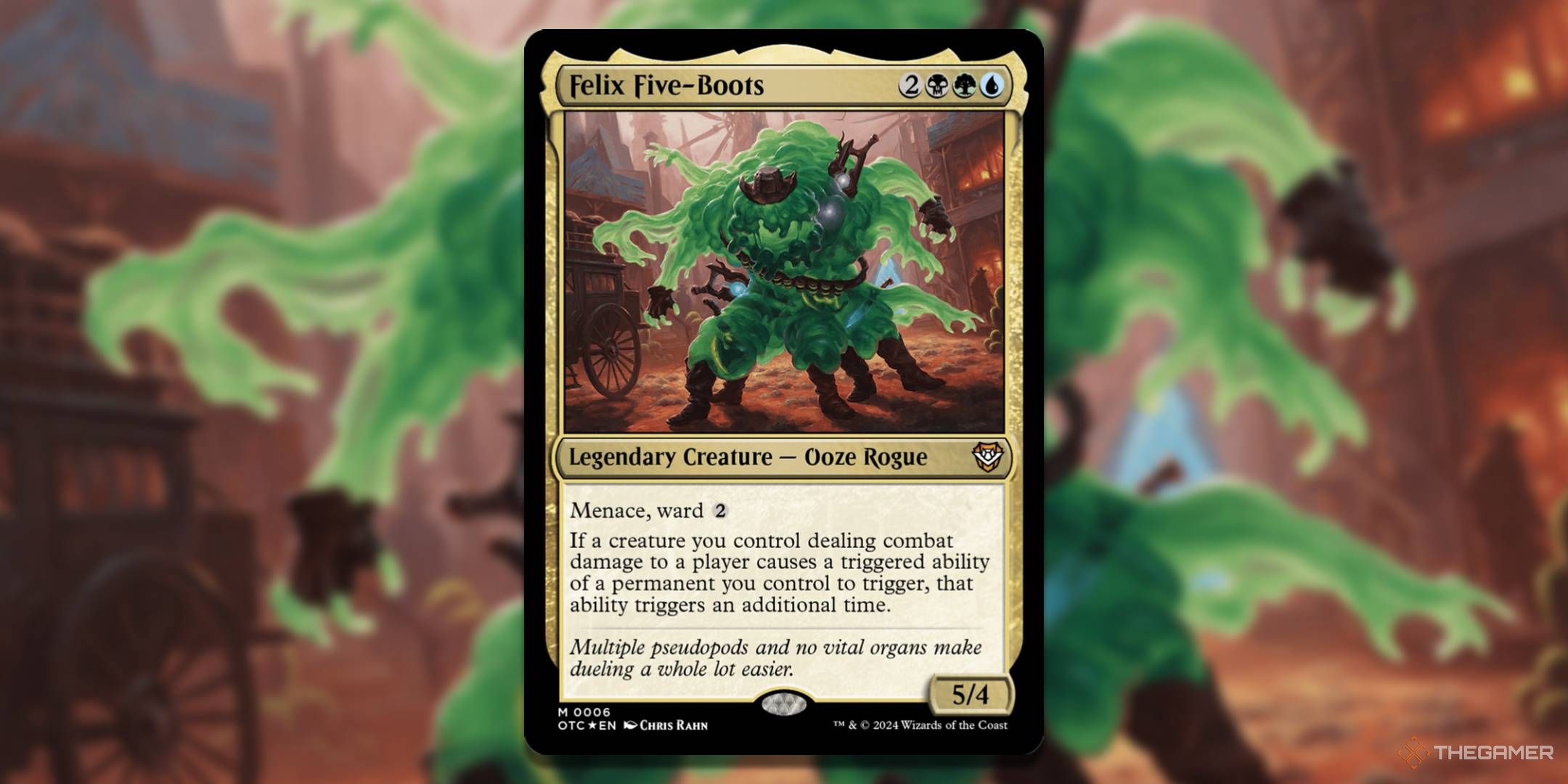 MTG Felix Five-Boots card with the art in the background.