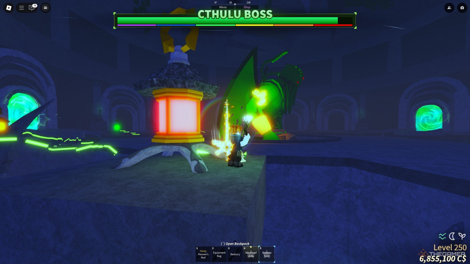 The player character is fighting the Cthulu Boss using a Keeper’s Torch in Fisch.