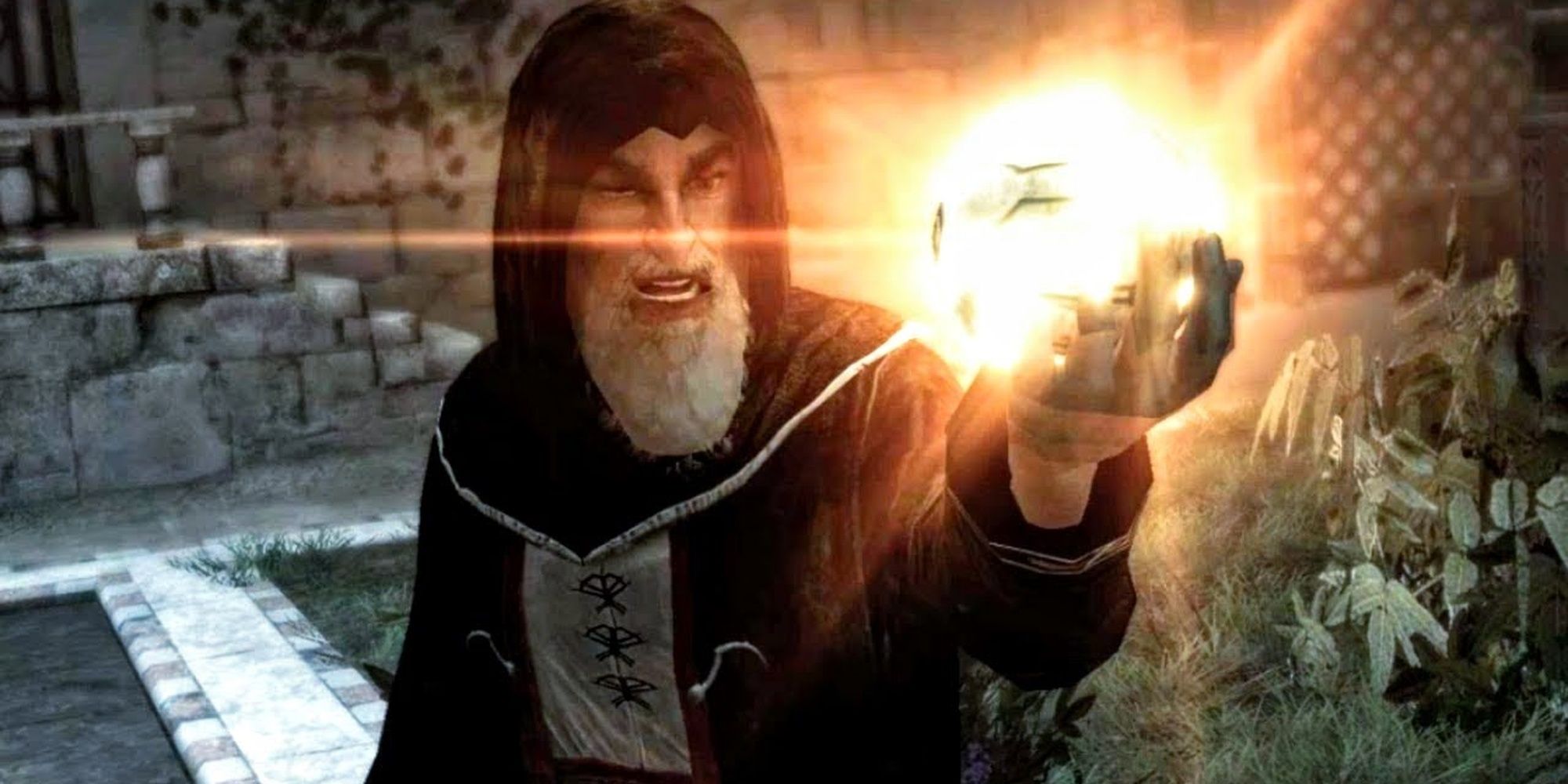 Assassin's Creed screenshot of Al Mualim with the Apple of Eden in his hand.