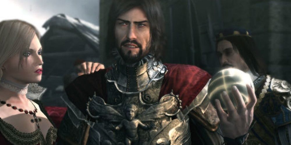 Assassin's Creed Brotherhood screenshot of Cesare Borgia holding a Piece of Eden.