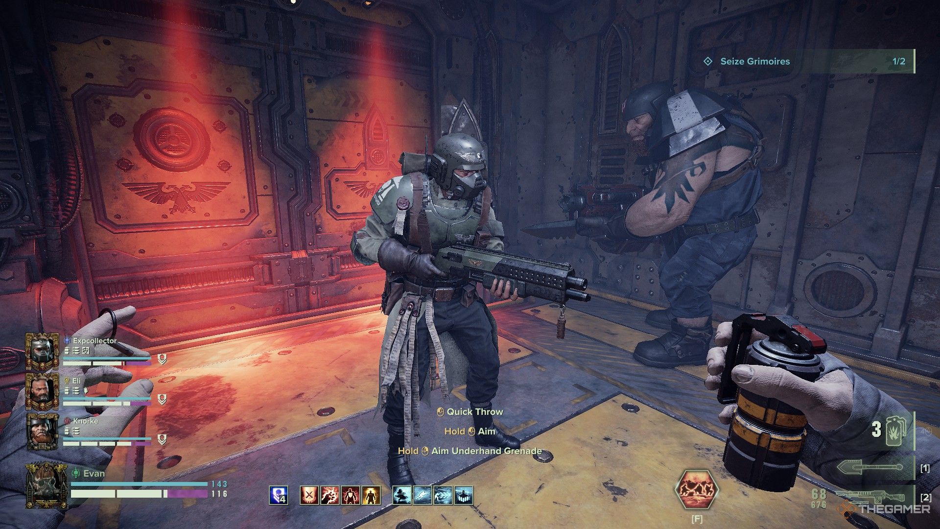 Warhammer 40,000: Darktide - A guardsman holds his shotgun whilst an ogryn lingers nearby.