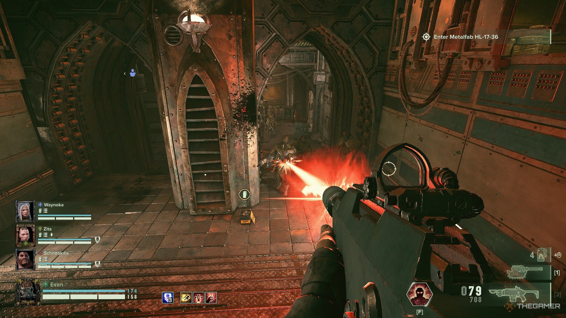 Warhammer 40,000: Darktide - An imperial lasgun zapping a cultist in the underhive.