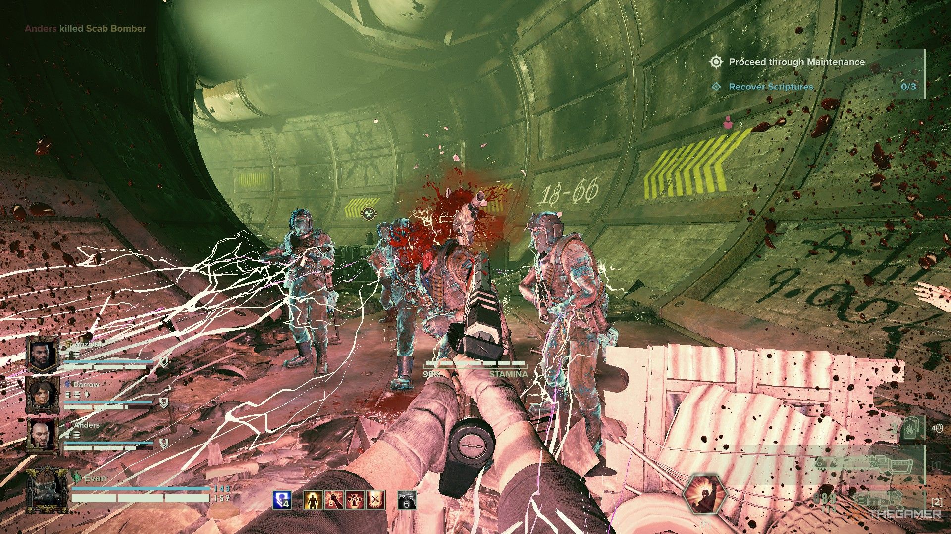 Warhammer 40,000: Darktide - Electrified cultists being eviscerated by a chainsword.