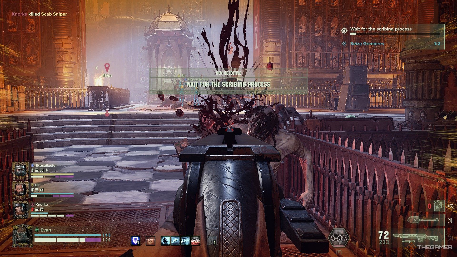 Warhammer 40,000: Darktide - The veteran swarmed by cultists in a library.