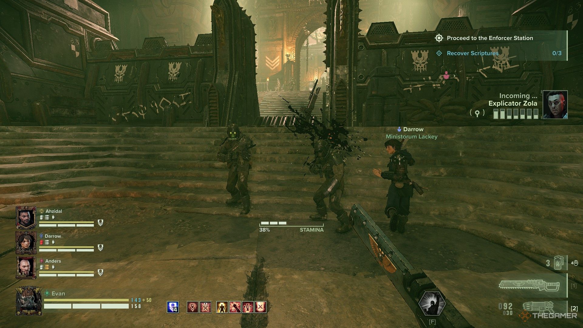 Warhammer 40,000: Darktide - The veteran leading his team against scab soldiers.
